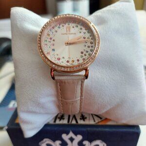 NIB Capri Watch Beige Leather & Rose Gold Watch w/ Multicolor Crystals 32.5mm